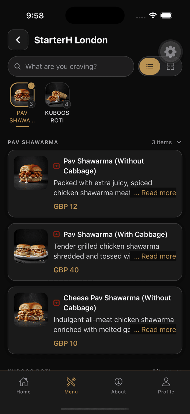 The Yexaa guest ordering app running at StarterH London, with prices in GBP