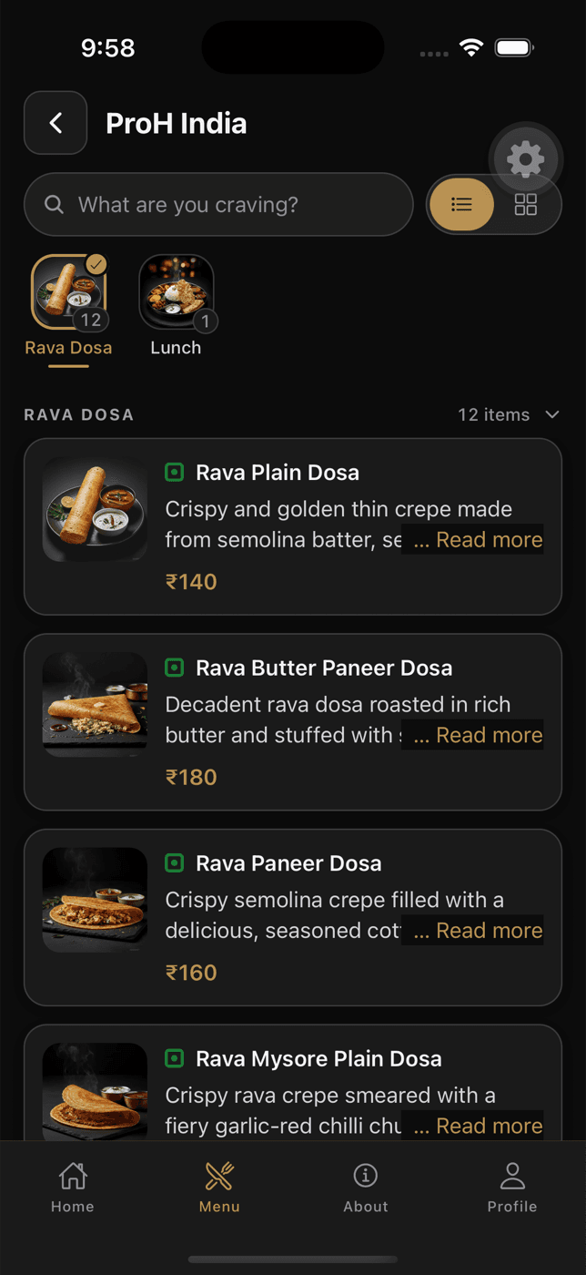 The Yexaa guest ordering app running at ProH India, with prices in ₹
