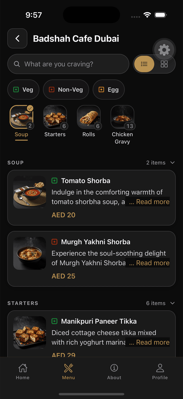 The Yexaa guest ordering app running at Badshah Cafe Dubai, with prices in AED